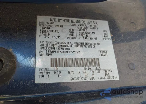 2003 Ford Expedition Xlt из США, поврежденный, VIN 1FMPU16L03LC52923